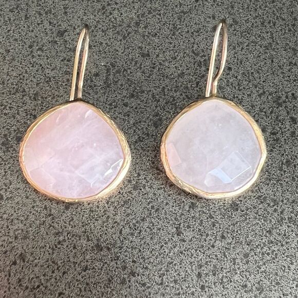 Elegant Pink Quartz Stone Earrings with Gold Frame. - Picture 2 of 4